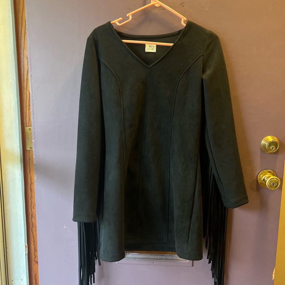 Western Black Fringe Suede Long Sleeve Dress